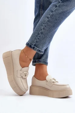 Półbuty Skórzane|Mokasyny Na Platformie></noscript>Zazoo 20101 Modne Skórzane Półbuty Na Platformie Jasnobeżowe