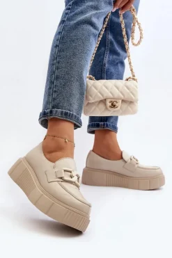 Półbuty Skórzane|Mokasyny Na Platformie></noscript>Zazoo 20101 Modne Skórzane Półbuty Na Platformie Jasnobeżowe