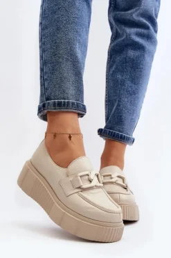 Półbuty Skórzane|Mokasyny Na Platformie></noscript>Zazoo 20101 Modne Skórzane Półbuty Na Platformie Jasnobeżowe