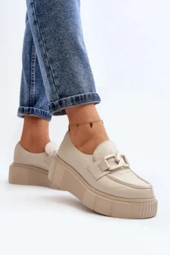 Półbuty Skórzane|Mokasyny Na Platformie></noscript>Zazoo 20101 Modne Skórzane Półbuty Na Platformie Jasnobeżowe