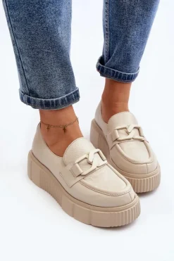 Półbuty Skórzane|Mokasyny Na Platformie></noscript>Zazoo 20101 Modne Skórzane Półbuty Na Platformie Jasnobeżowe