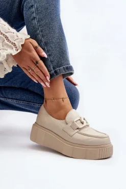 Półbuty Skórzane|Mokasyny Na Platformie></noscript>Zazoo 20101 Modne Skórzane Półbuty Na Platformie Jasnobeżowe