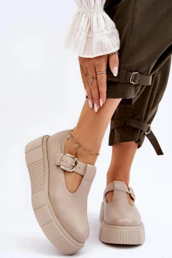 Sale Zazoo 20102 Modne Skórzane Półbuty Na Masywnej Platformie Beżowe