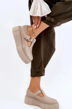 Sale Zazoo 20102 Modne Skórzane Półbuty Na Masywnej Platformie Beżowe