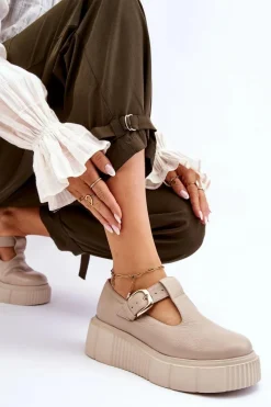 Sale Zazoo 20102 Modne Skórzane Półbuty Na Masywnej Platformie Beżowe