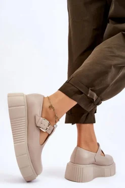 Sale Zazoo 20102 Modne Skórzane Półbuty Na Masywnej Platformie Beżowe