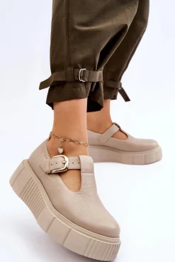 Sale Zazoo 20102 Modne Skórzane Półbuty Na Masywnej Platformie Beżowe