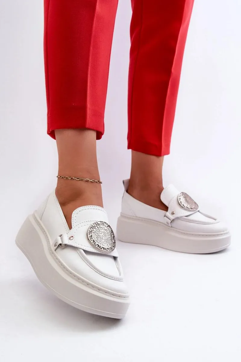 Sale Zazoo 3486 Mokasyny Damskie Skórzane Z Ozdobą Białe