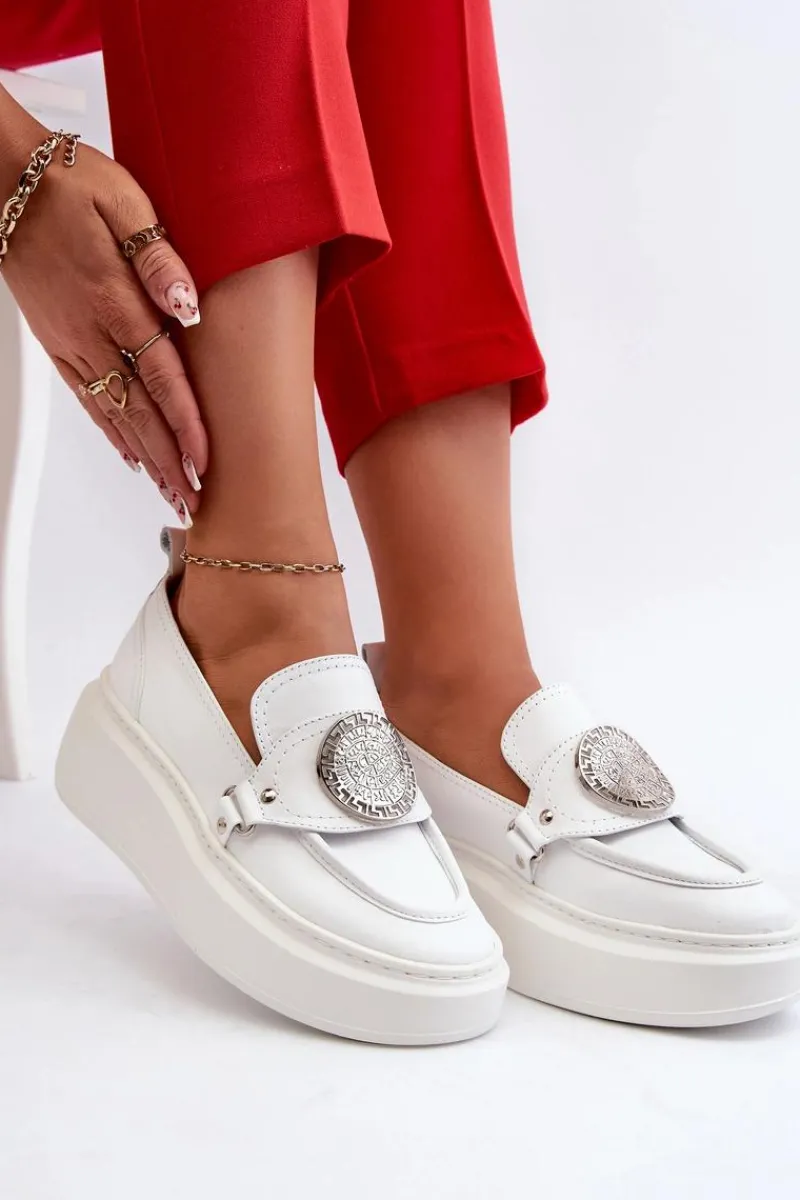 Sale Zazoo 3486 Mokasyny Damskie Skórzane Z Ozdobą Białe