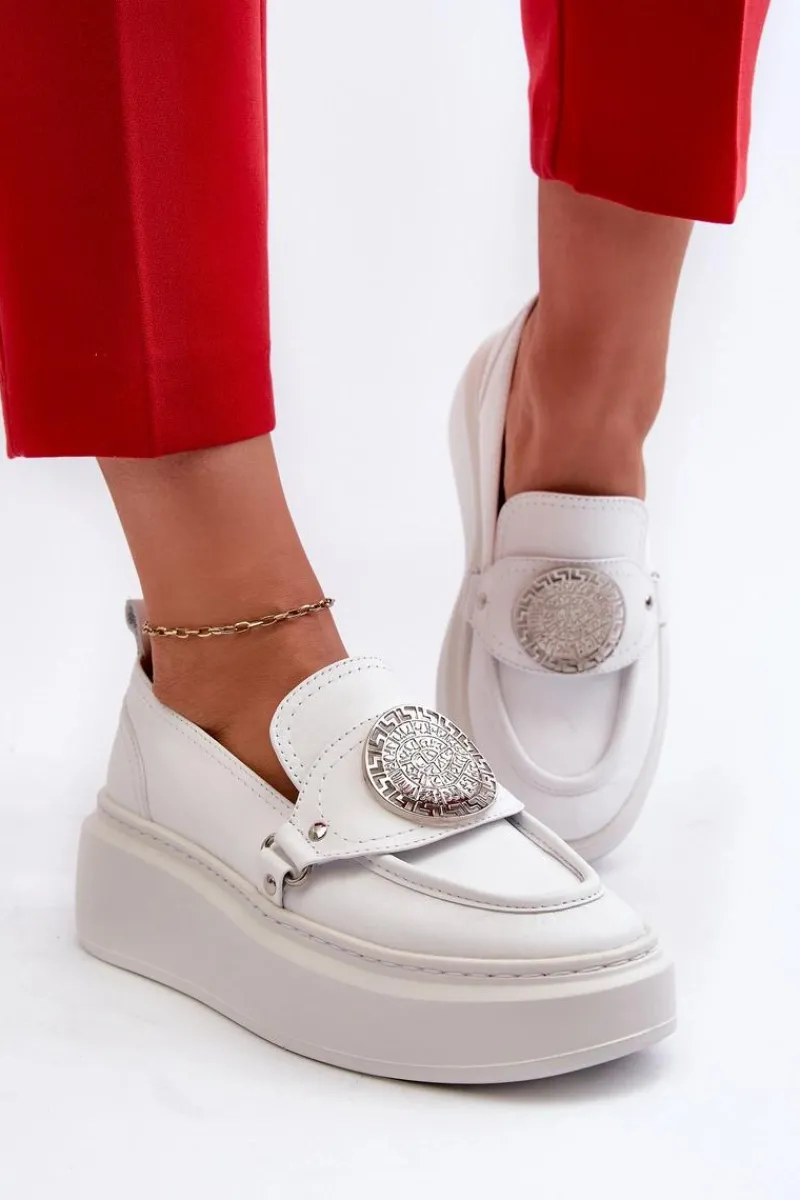 Sale Zazoo 3486 Mokasyny Damskie Skórzane Z Ozdobą Białe