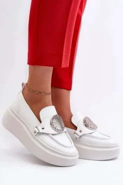 Sale Zazoo 3486 Mokasyny Damskie Skórzane Z Ozdobą Białe