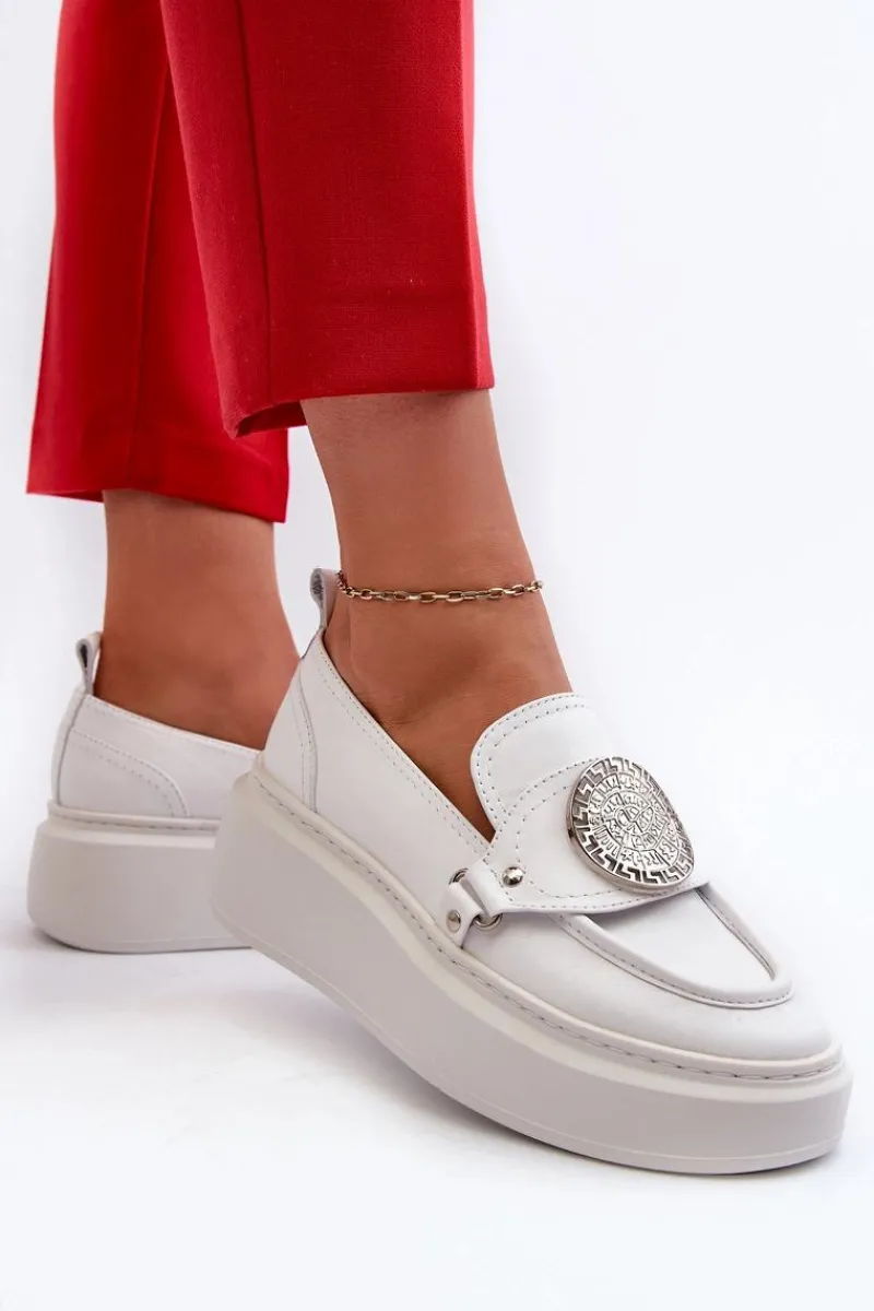 Sale Zazoo 3486 Mokasyny Damskie Skórzane Z Ozdobą Białe