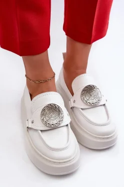 Sale Zazoo 3486 Mokasyny Damskie Skórzane Z Ozdobą Białe