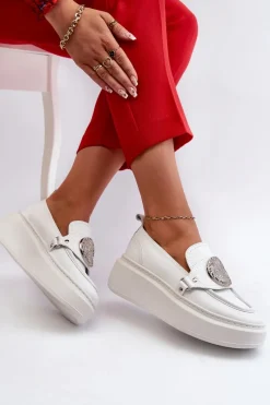 Sale Zazoo 3486 Mokasyny Damskie Skórzane Z Ozdobą Białe