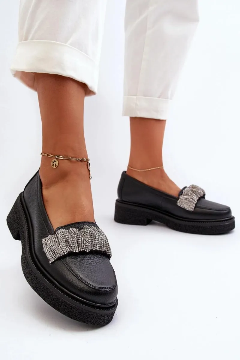 Loafersy Damskie|Mokasyny Płaskie>Zazoo 3419 Mokasyny Damskie Skórzane Z Ozdobnym Paseczkiem Czarne Czarny