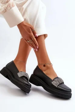 Loafersy Damskie|Mokasyny Płaskie>Zazoo 3419 Mokasyny Damskie Skórzane Z Ozdobnym Paseczkiem Czarne Czarny