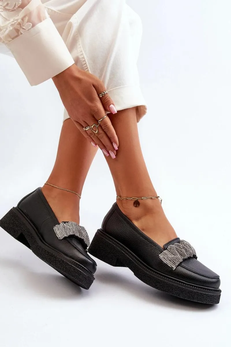 Loafersy Damskie|Mokasyny Płaskie>Zazoo 3419 Mokasyny Damskie Skórzane Z Ozdobnym Paseczkiem Czarne Czarny