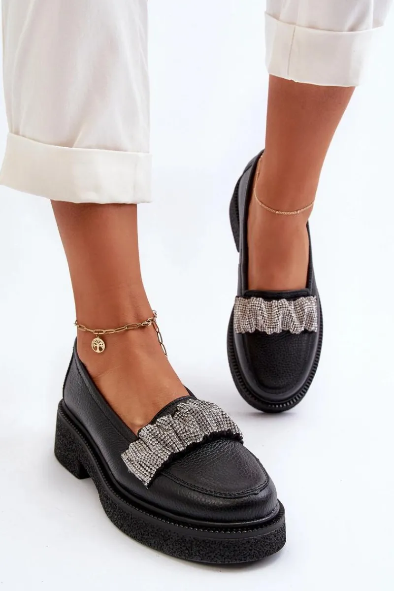 Loafersy Damskie|Mokasyny Płaskie>Zazoo 3419 Mokasyny Damskie Skórzane Z Ozdobnym Paseczkiem Czarne Czarny