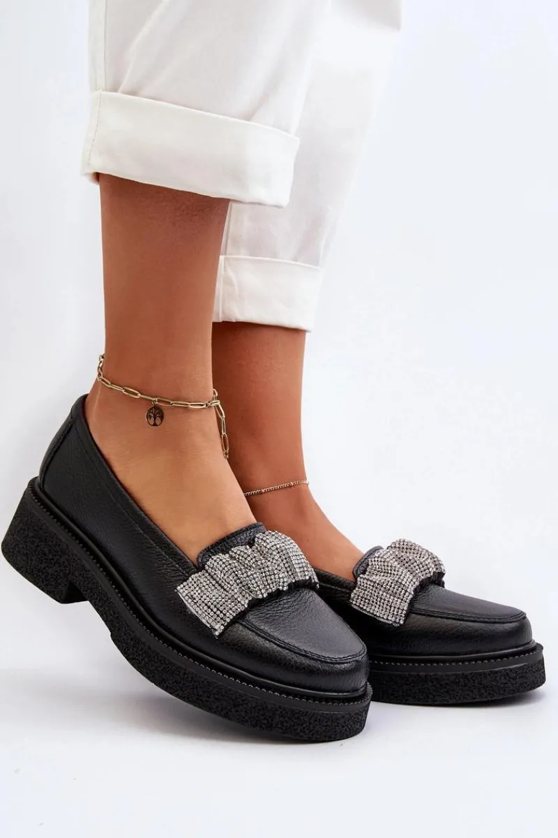 Loafersy Damskie|Mokasyny Płaskie>Zazoo 3419 Mokasyny Damskie Skórzane Z Ozdobnym Paseczkiem Czarne Czarny