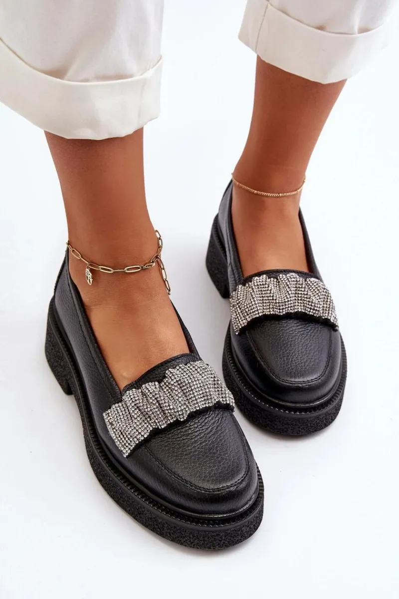 Loafersy Damskie|Mokasyny Płaskie>Zazoo 3419 Mokasyny Damskie Skórzane Z Ozdobnym Paseczkiem Czarne Czarny