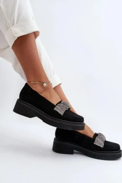 Mokasyny Płaskie|Loafersy Damskie>Zazoo 3419 Mokasyny Damskie Zamszowe Z Ozdobnym Paseczkiem Czarne Czarny