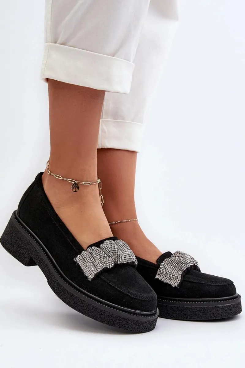 Mokasyny Płaskie|Loafersy Damskie>Zazoo 3419 Mokasyny Damskie Zamszowe Z Ozdobnym Paseczkiem Czarne Czarny
