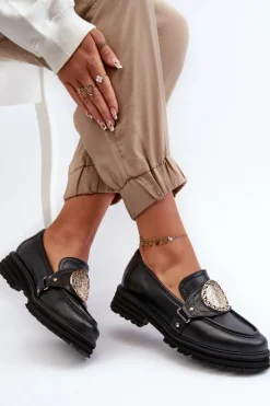 Best 3485 Mokasyny Damskie Ze Złotą Ozdobą Skóra Naturalna Damskie Loafersy Damskie|Mokasyny Płaskie