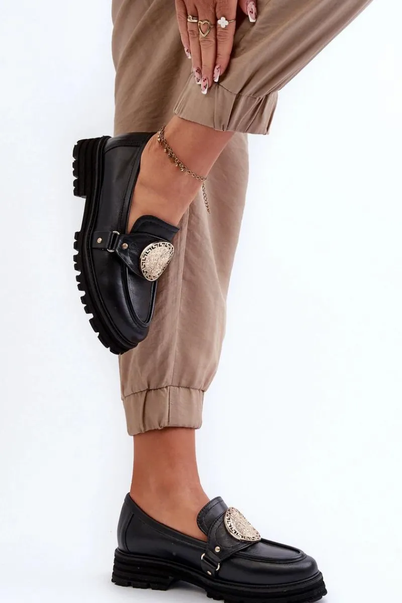 Best 3485 Mokasyny Damskie Ze Złotą Ozdobą Skóra Naturalna Damskie Loafersy Damskie|Mokasyny Płaskie