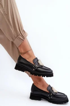 Best 3485 Mokasyny Damskie Ze Złotą Ozdobą Skóra Naturalna Damskie Loafersy Damskie|Mokasyny Płaskie