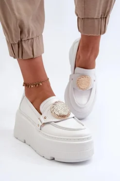 Outlet 3458 Mokasyny Skórzane Damskie Z Ozdobą Białe Damskie Loafersy Damskie|Mokasyny Damskie Skórzane