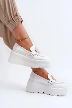 Outlet 3458 Mokasyny Skórzane Damskie Z Ozdobą Białe Damskie Loafersy Damskie|Mokasyny Damskie Skórzane