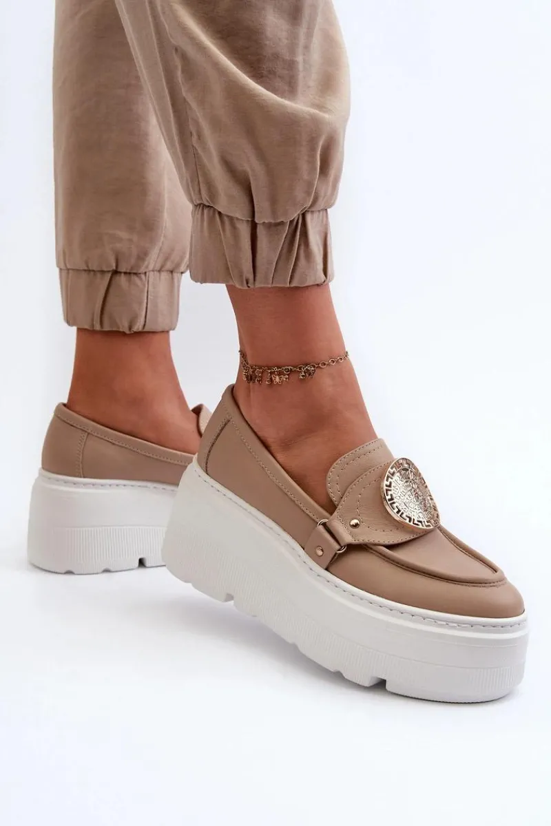 Outlet Zazoo 3458 Mokasyny Skórzane Damskie Z Ozdobą Beżowe