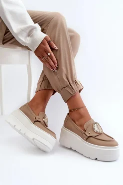 Outlet Zazoo 3458 Mokasyny Skórzane Damskie Z Ozdobą Beżowe