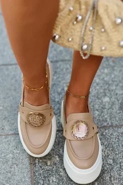 Outlet Zazoo 3458 Mokasyny Skórzane Damskie Z Ozdobą Beżowe