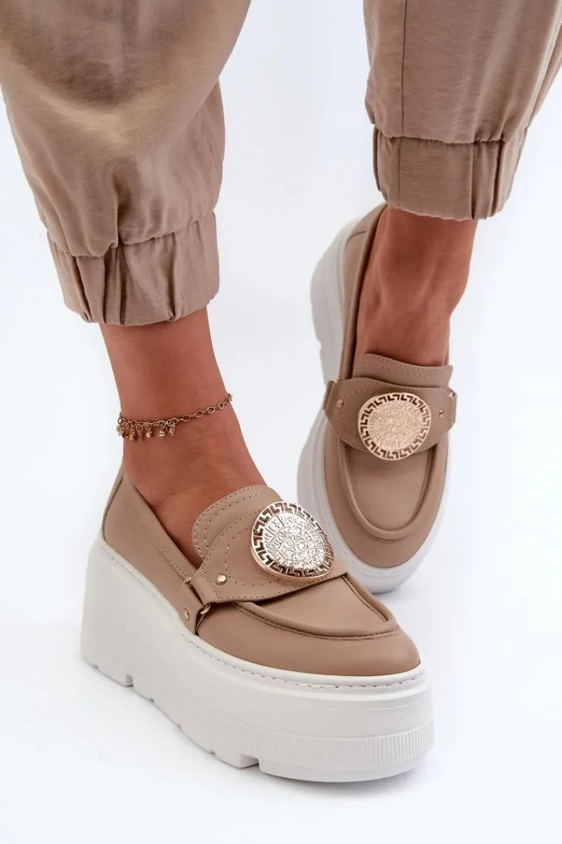 Outlet Zazoo 3458 Mokasyny Skórzane Damskie Z Ozdobą Beżowe