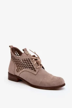 Botki Wiosenne|Botki Skórzane>Zazoo 2878 Niskie Ażurowe Botki Damskie Zamszowe Beżowe