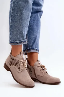 Botki Wiosenne|Botki Skórzane>Zazoo 2878 Niskie Ażurowe Botki Damskie Zamszowe Beżowe