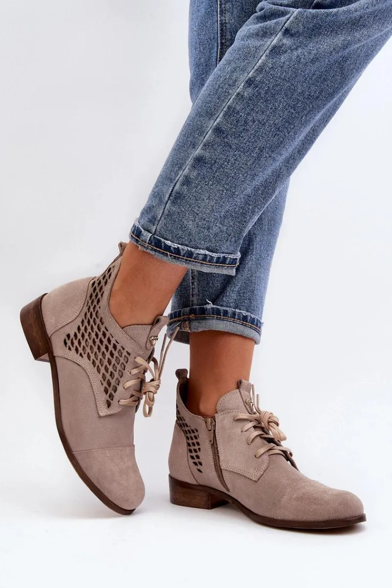 Botki Wiosenne|Botki Skórzane>Zazoo 2878 Niskie Ażurowe Botki Damskie Zamszowe Beżowe