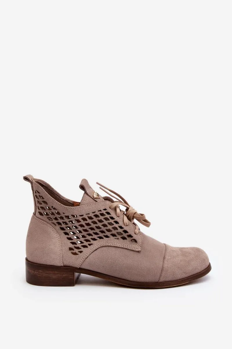 Botki Wiosenne|Botki Skórzane>Zazoo 2878 Niskie Ażurowe Botki Damskie Zamszowe Beżowe