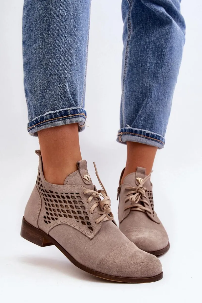 Botki Wiosenne|Botki Skórzane>Zazoo 2878 Niskie Ażurowe Botki Damskie Zamszowe Beżowe