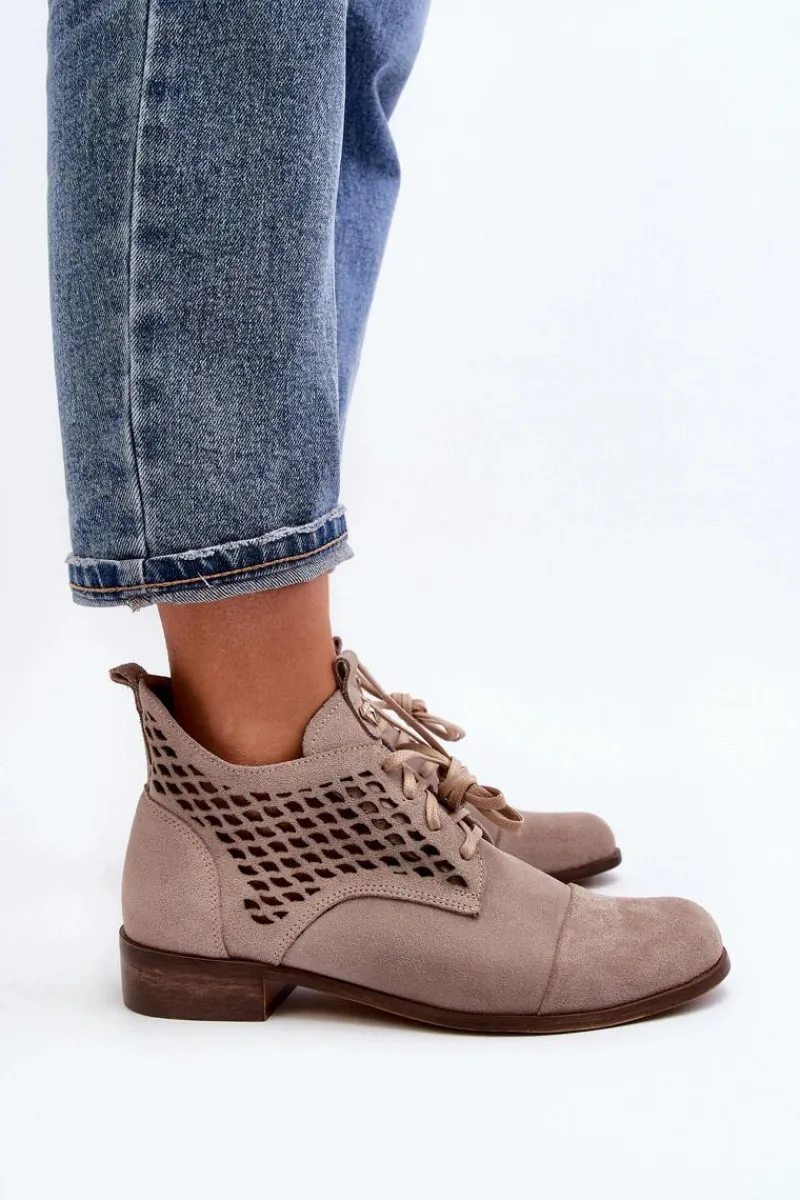 Botki Wiosenne|Botki Skórzane>Zazoo 2878 Niskie Ażurowe Botki Damskie Zamszowe Beżowe