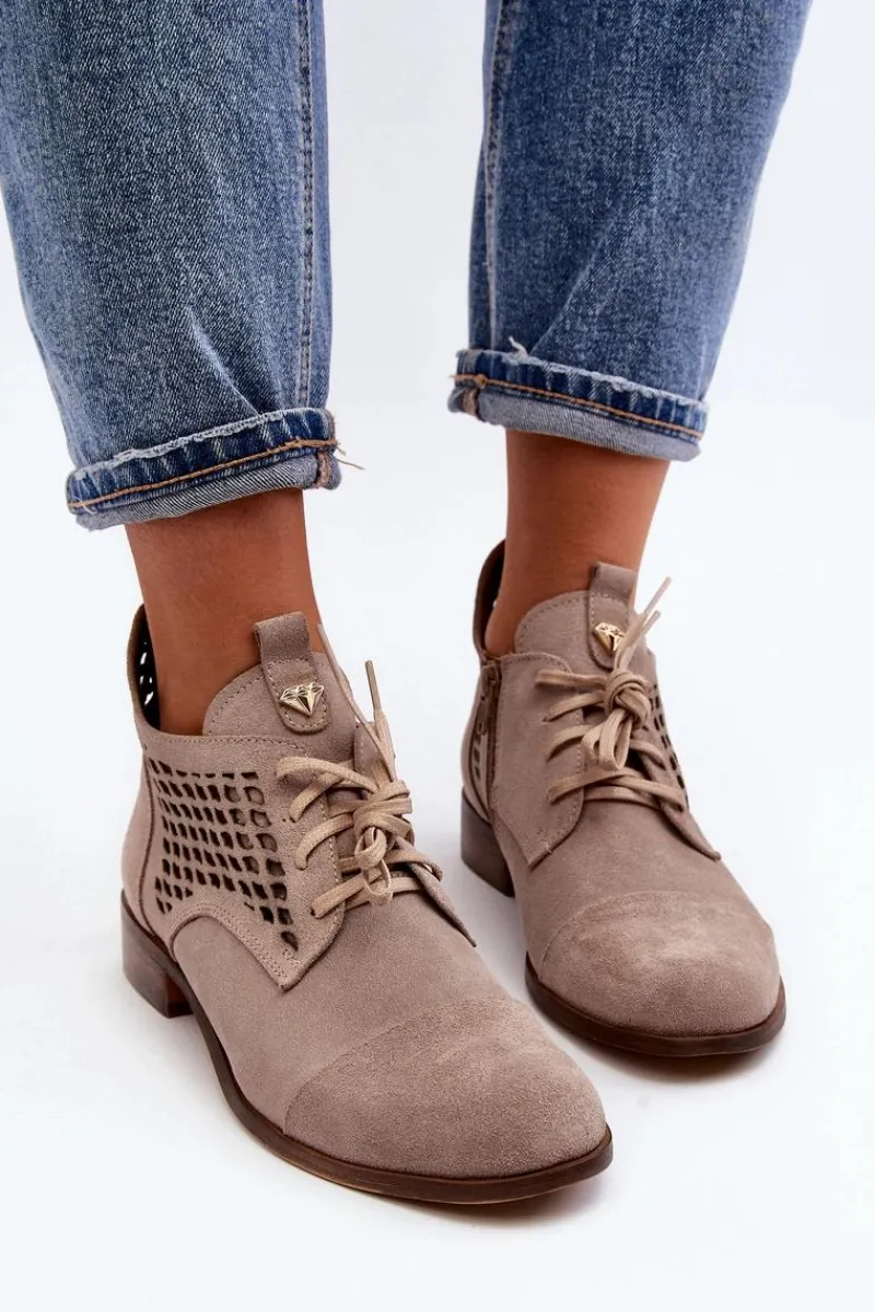 Botki Wiosenne|Botki Skórzane>Zazoo 2878 Niskie Ażurowe Botki Damskie Zamszowe Beżowe