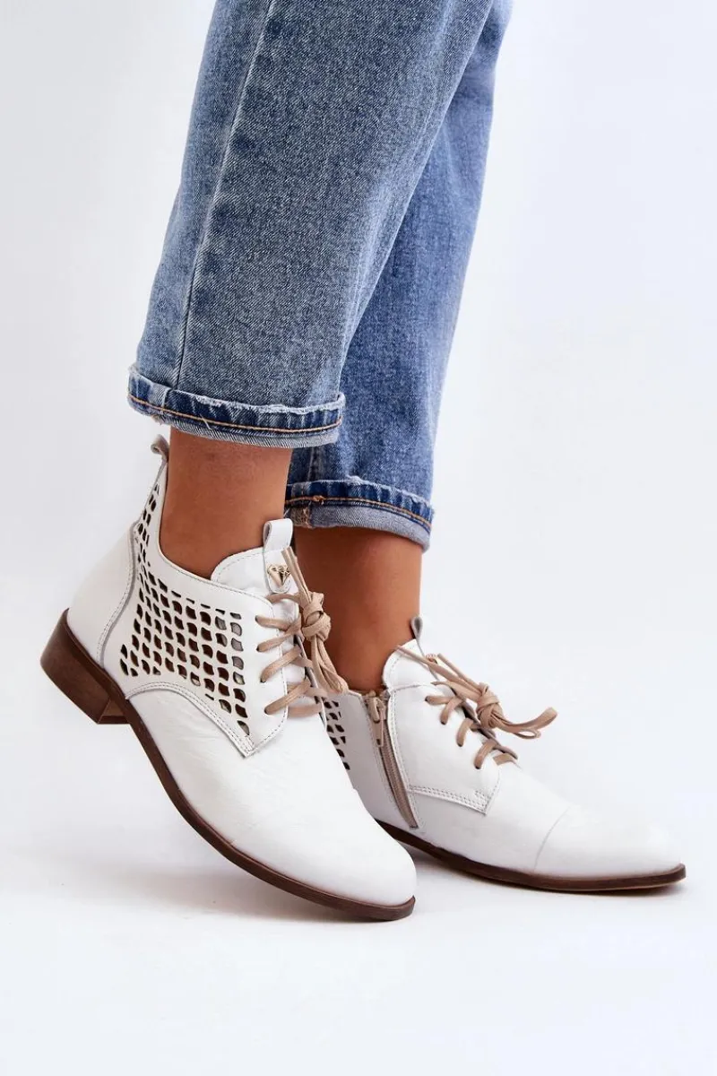 Zazoo 2878 Niskie Ażurowe Botki Skórzane Damskie Białe