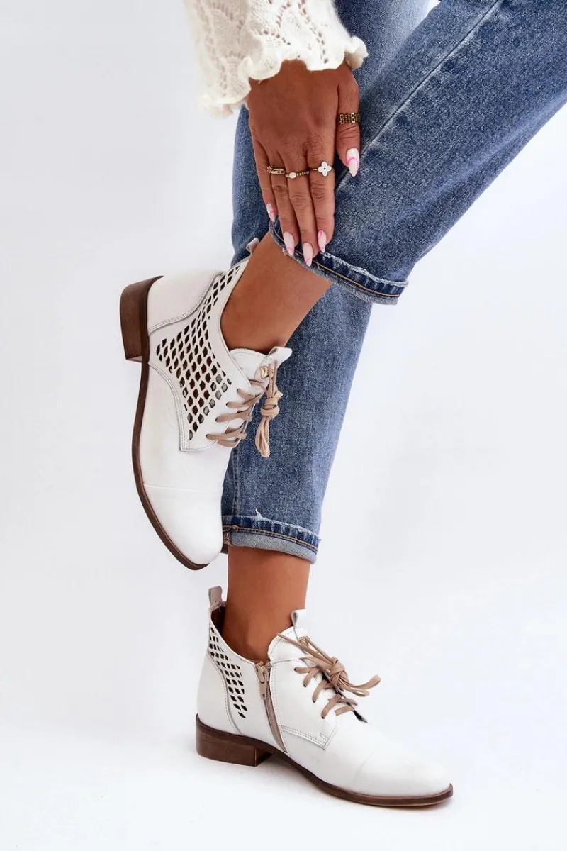 Zazoo 2878 Niskie Ażurowe Botki Skórzane Damskie Białe