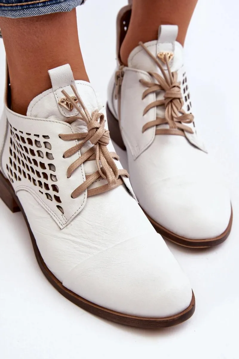 Zazoo 2878 Niskie Ażurowe Botki Skórzane Damskie Białe