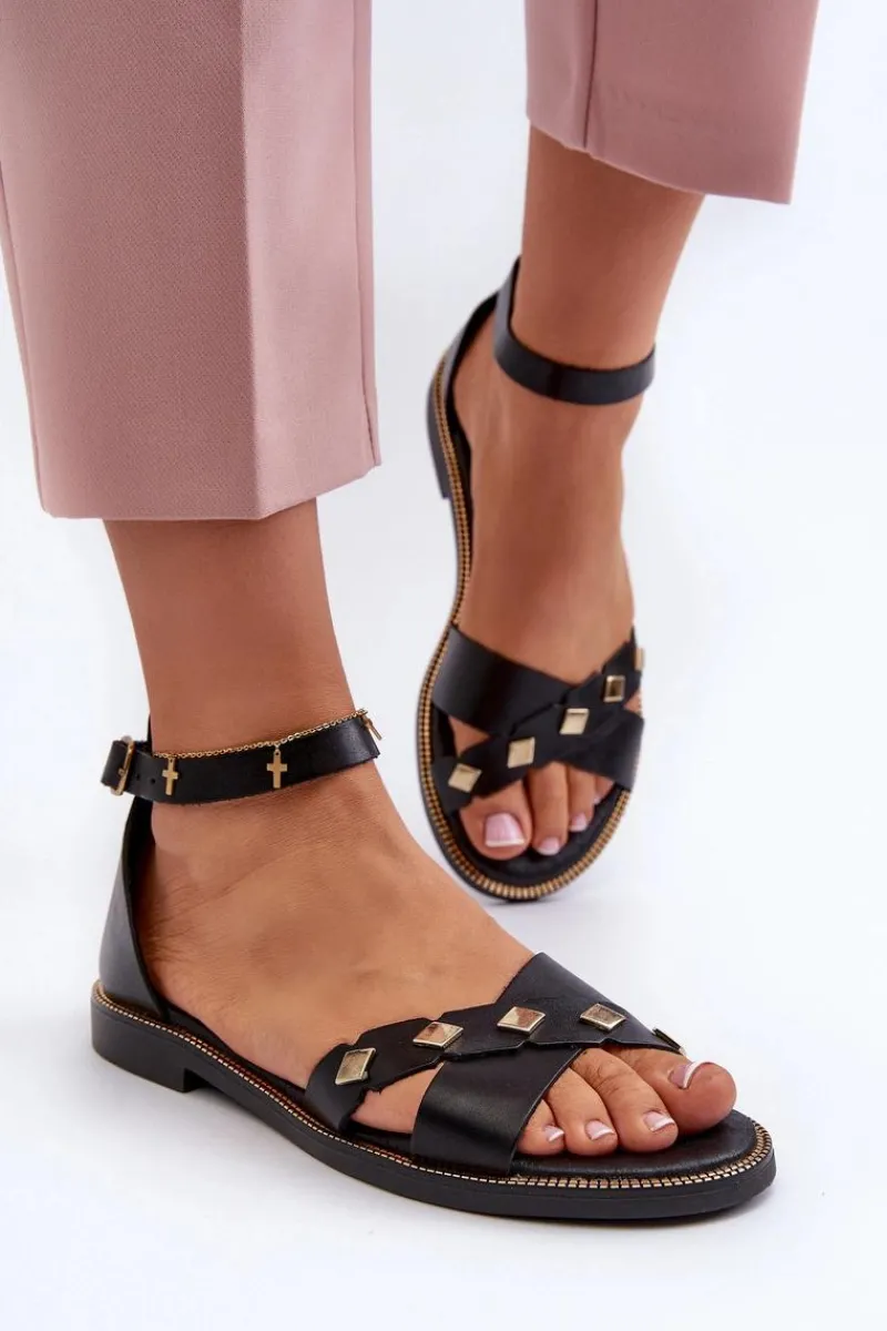 Sandały Płaskie>Zazoo 40378 Płaskie Skórzane Sandały Damskie Czarne Czarny