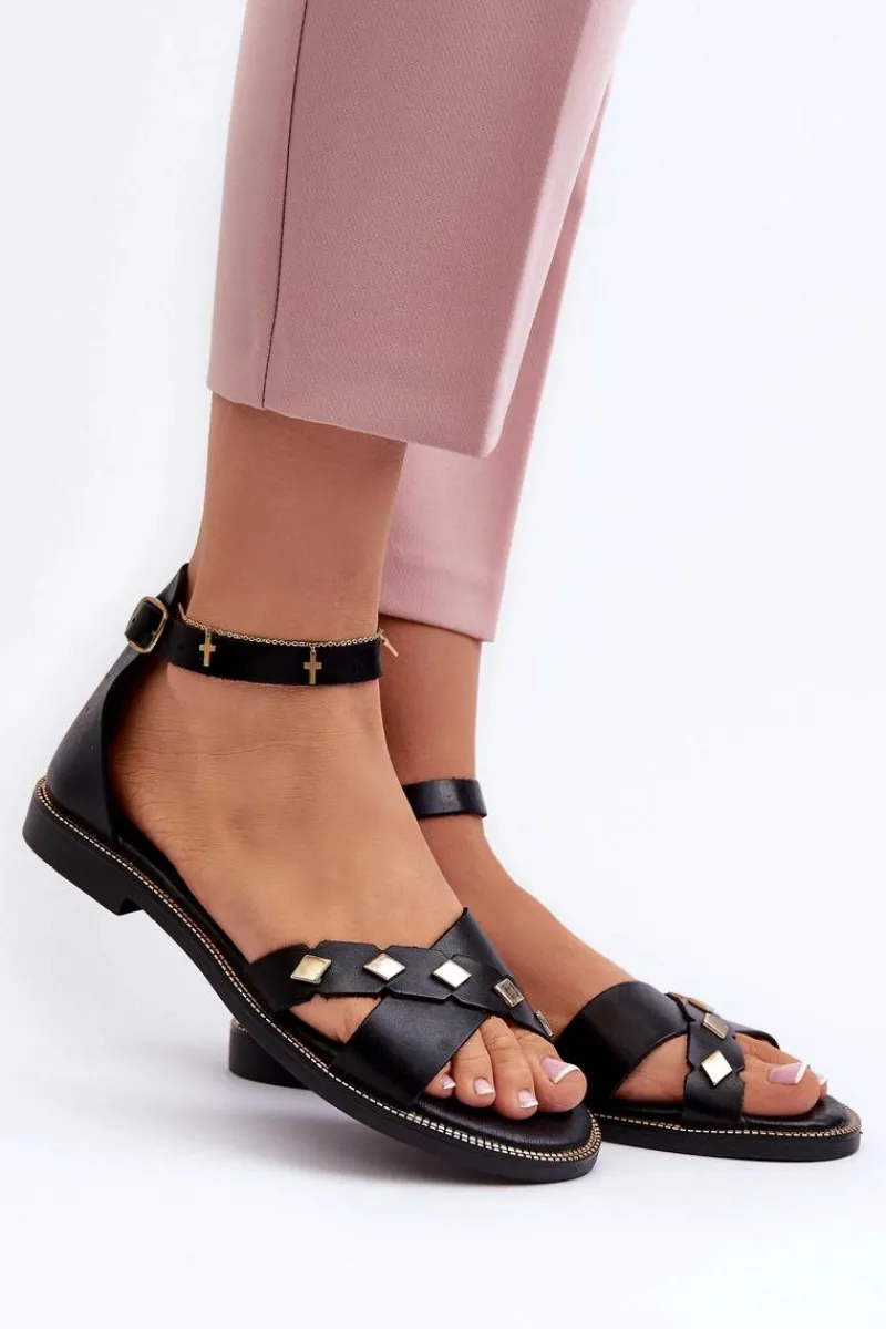 Sandały Płaskie>Zazoo 40378 Płaskie Skórzane Sandały Damskie Czarne Czarny