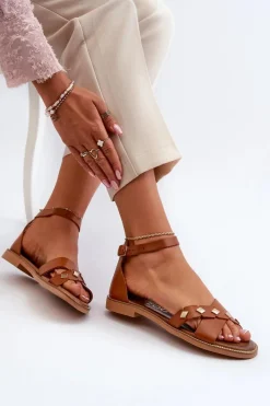 Hot 40378 Płaskie Skórzane Sandały Damskie Brązowe Damskie Sandały Płaskie