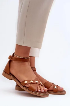 Hot 40378 Płaskie Skórzane Sandały Damskie Brązowe Damskie Sandały Płaskie