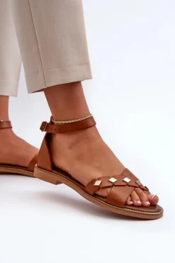 Hot 40378 Płaskie Skórzane Sandały Damskie Brązowe Damskie Sandały Płaskie